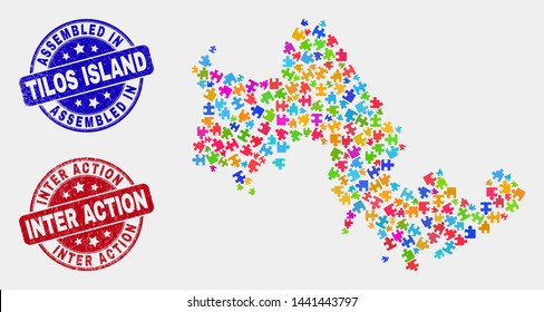 Bundle Tilos Island map and blue Assembled seal stamp, and Inter Action grunge seal stamp. Colorful vector Tilos Island map mosaic of puzzle parts. Red rounded Inter Action seal.