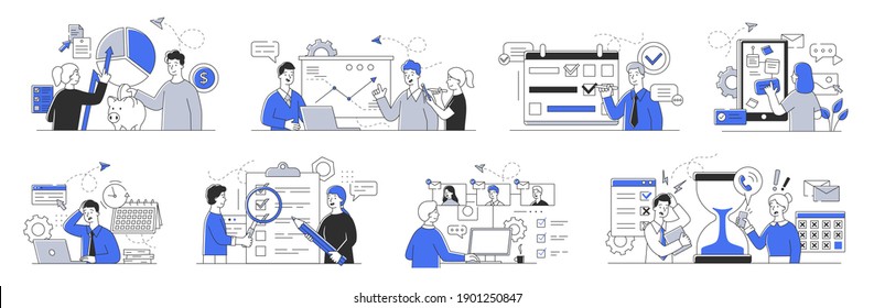 Bundle of time management and planning concept. Business people successfully doing various business activities. Set of minimal style flat cartoon vector illustrations