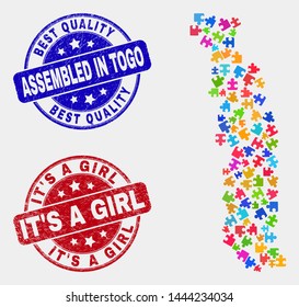Bundle Togo map and blue Assembled stamp, and It'S a Girl grunge stamp. Bright vector Togo map mosaic of bundle bricks. Red rounded It'S a Girl seal.