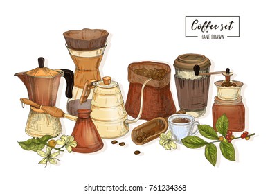 Bundle of tools for coffee brewing. Colorful vector hand drawn illustration  style.