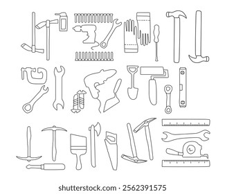 A Bundle of tools vector includes items like hammers, screwdrivers, pliers, wrenches, drills, saws, tape measures, and levels. Construction Tools files. Each tool vector is hand drawn.