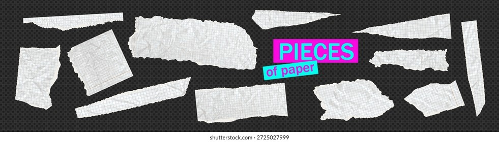 Pacote de pedaços de papel branco rasgado sobreposições e texturas. Desenhos antigos da grade do caderno e do caderno de esboços com bordas realistas de corte e rasgo. Kit de vetor em como png bg transparente para projetos scrapbook.