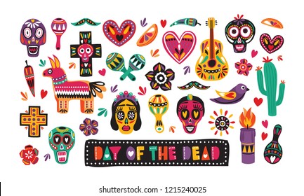 Bundle of traditional Day of The Dead decorations isolated on white background - Mexican sugar skulls, Catrina's face, pepper, pinata, cross, candle, maracas, guitar. Holiday vector illustration.