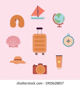 bundle of travel icons on a pink background vector illustration design