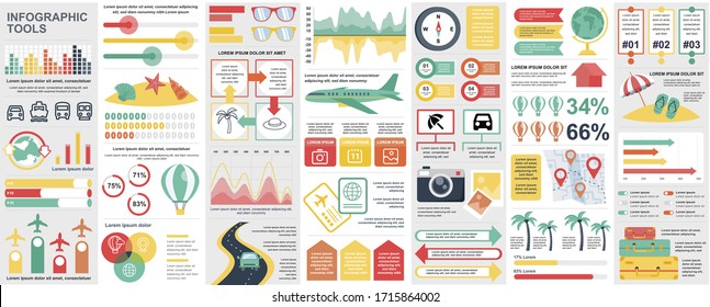 Bundle travel infographic UI, UX, KIT elements with charts, diagrams, summer vacation, flowchart, travel timeline, journey icons elements design template. Vector info graphics and infographics set.