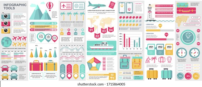 Bundle travel infographic UI, UX, KIT elements with charts, diagrams, summer vacation, flowchart, travel timeline, journey icons elements design template. Vector info graphics and infographics set.