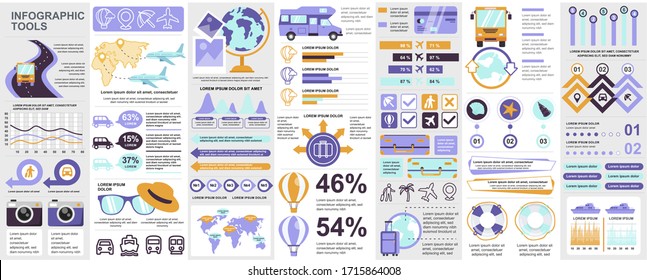 Bundle travel infographic UI, UX, KIT elements with charts, diagrams, summer vacation, flowchart, travel timeline, journey icons elements design template. Vector info graphics and infographics set.