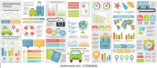 Bundle travel infographic UI, UX, KIT elements with charts, diagrams, summer vacation, flowchart, travel timeline, journey icons elements design template. Vector info graphics and infographics set.