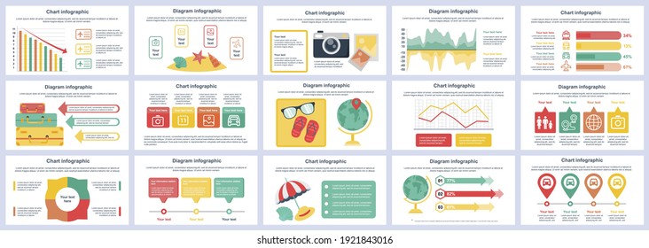 Bundle travel vacation infographics presentation slides template. Different charts, diagram, workflow, flowchart, timeline, schemes, graphs design template. Vector info graphic and infographics set.