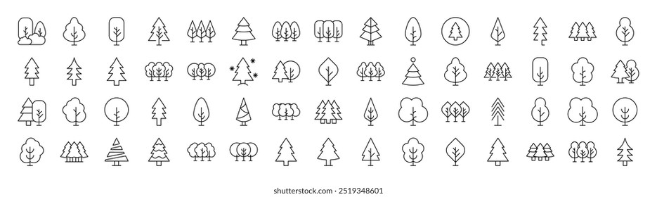 Paquete de iconos de líneas relacionadas con árboles y bosques. Trazo Editable para Diseño, Sitios web, App, Tarjetas. Contiene Imágenes lineales de árboles caducifolios y coníferas