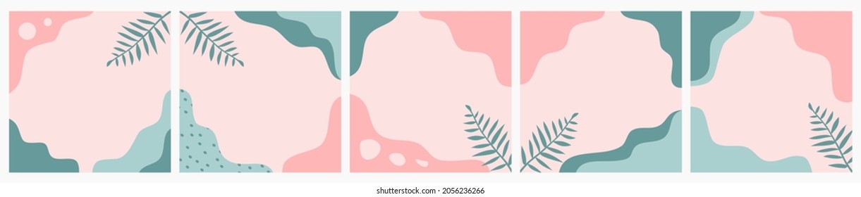 Bundle of trendy abstract nature backgrounds on pastel color suitable for banner, poster, flyer, social media post or stories, template, cover, etc. Modern organic shapes with copy space text.