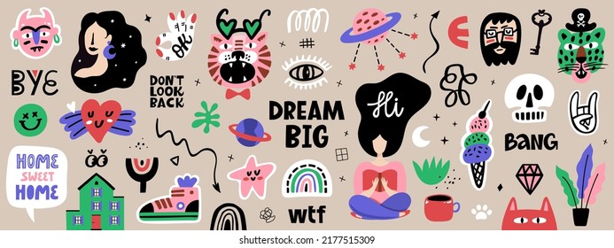 Bundle of trendy cute art. Hand drawn sticker set. Cat, woman, plant, house, heart, eye, smile, abstract shape, blob, boot and other doodle elements. Vector illustration.