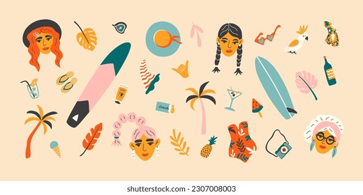 Bundle of trendy doodle surfing elements. Colorful summer collection. Bundle with diverse surfer girls, palm, surfboard, glasses. Vector illustration. 