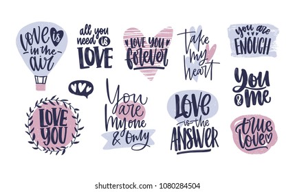 Bundle of trendy Valentine's day lettering handwritten with elegant cursive font. Romantic phrases, quotes decorated by hearts isolated on white background. Colorful modern vector illustration