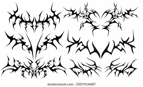 bundle of tribal shapes with a stiff touch. Set of Symmetrical neo tribal sigilism Pattern Cyber ​​Gothic Elements in Abstract White black 