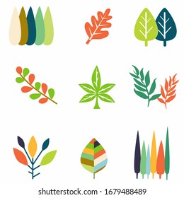 Bundle of tropical leaves of various plants hand drawn with contour lines against pink paint traces on background. Set of exotic foliage of different size and shape. Realistic vector illustration.