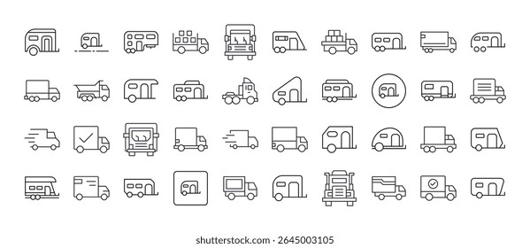 Bundle of Truck and Motor Home Related Line Icons. Outline Signs for Graphic and Web Design, Apps, Adverts, Various Cards 