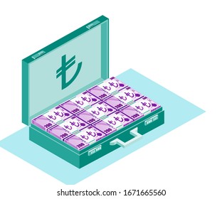 Paket von Türkischem Lira Geld in geöffneten Kästchen Vektorillustration Symbol Symbol Illustration und Design. Währung, Geschäfts-, Zahlungs- und Finanzelement der Türkei. Kann für Web-, Mobil- und Infografik verwendet werden