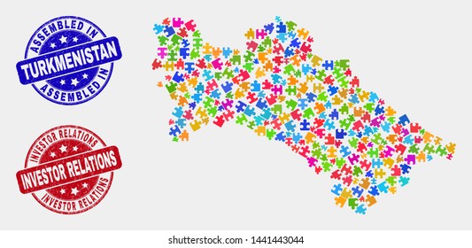 Bundle Turkmenistan map and blue Assembled watermark, and Investor Relations grunge seal stamp. Bright vector Turkmenistan map mosaic of bundle elements. Red rounded Investor Relations stamp.