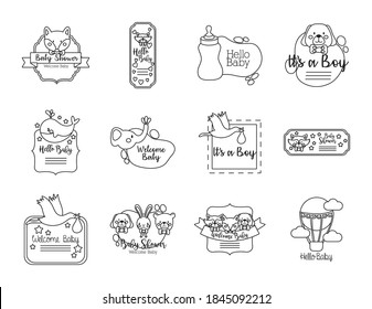 bundle of twelve baby shower set icons vector illustration design
