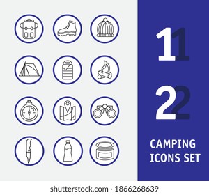 bundle of twelve camping set icons and lettering vector illustration design