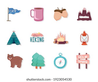 bundle of twelve camping set icons vector illustration design