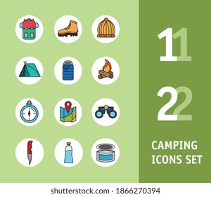conjunto de doce líneas de juego de camping e iconos de relleno y diseño de ilustración vectorial con letras