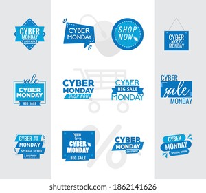 conjunto de doce banners cibermonday diseño de ilustración vectorial