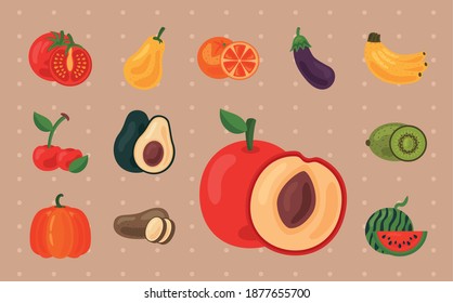 bundle of twelve fresh fruits and vegetables healthy food set icons vector illustration design