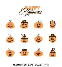 bundle of twelve halloween pumpkins and lettering flat style icons