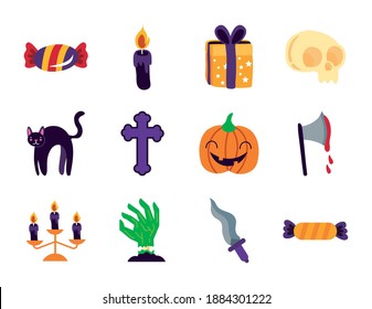 conjunto de doce iconos de conjunto de halloween diseño de ilustración vectorial