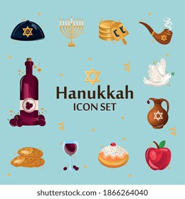 bundle of twelve hanukkah set icons and lettering vector illustration design