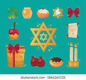 bundle of twelve hanukkah set icons vector illustration design