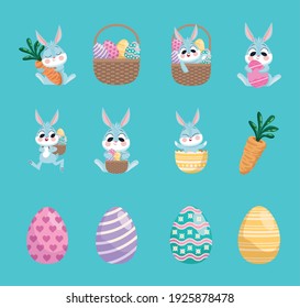 bundle of twelve happy easter set icons vector illustration design