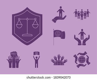 bundle of twelve human rights silhouette style set icons vector illustration design