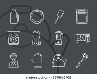 bundle of twelve kitchen utensils line style icons vector illustration design