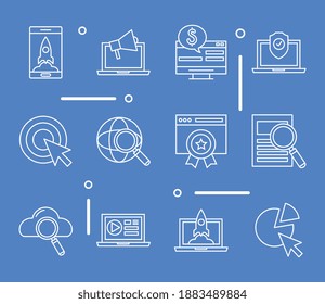 bundle of twelve marketing digital set icons vector illustration design