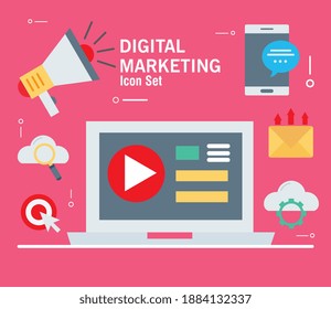 bundle of twelve marketing digital set icons and lettering vector illustration design