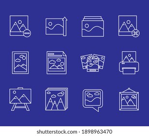 bundle of twelve pictures with differents scenes line style set icons vector illustration design