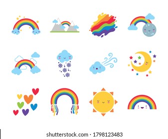 bundle of twelve rainbows and kawaii characters icons vector illustration design