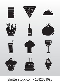 conjunto de doce íconos del juego de alimentos del restaurante diseño de ilustración vectorial