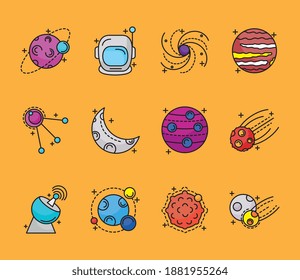 bundle of twelve space set line and fill style icons vector illustration design