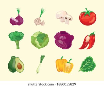 bundle of twelve vegetables set icons vector illustration design