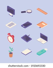 bundle of twelve work place equipment icons vector illustration design
