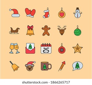 Paket mit zwanzig Weihnachtsstelen und Füllzeichen Symbole Vektorgrafik Design