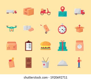conjunto de veinte iconos de conjunto de servicios de entrega diseño de ilustración vectorial