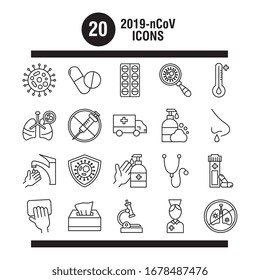bundle twenty designs of covid 19 , line style icon vector illustration design