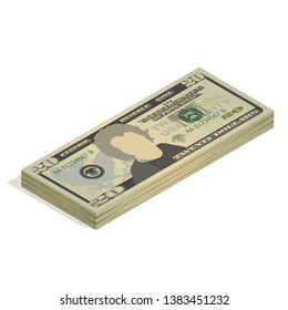 Bundle of twenty dollar bills. Pile of 20 US dollar banknotes, isometric view. Vector illustration isolated on white background