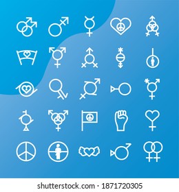 conjunto de veinticinco símbolos de género de orientación sexual estilo degradado en el diseño de ilustración vectorial de fondo azul