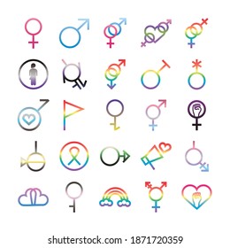 conjunto de veinticinco símbolos de género de orientación sexual degradiente estilo iconos vectorial diseño de ilustración